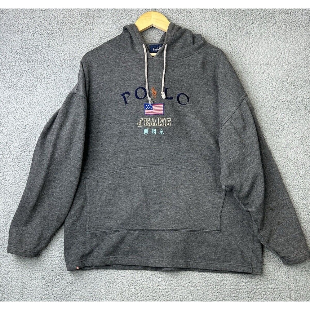 VTG Ralph Lauren Polo Jeans USA Hoodie XL American Flag Embroidered Made In USA